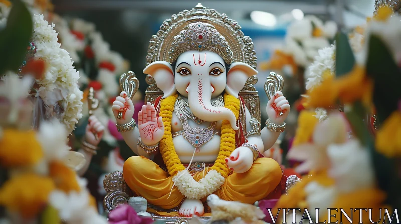 Ganesha Idol Decorated with Flowers AI Image