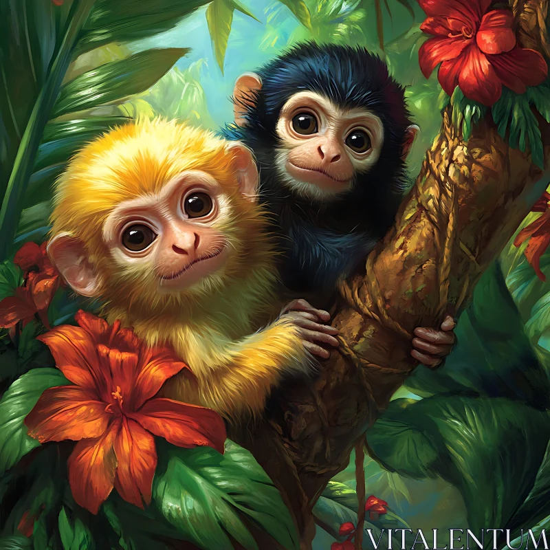 AI ART Cute Monkeys in Lush Tropical Environment