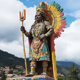 Elaborate Ancient Figure Statue with Detailed Outfit and Mountain Backdrop