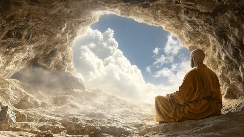 Meditative Scene in a Cave with Beautiful Sky