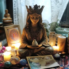 Tranquil Altar with Adorned Statue in Meditation