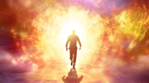 Man Approaching Radiant Portal in Surreal Setting