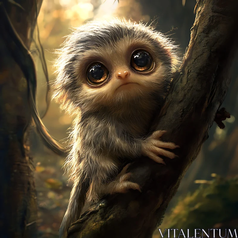 AI ART Cute Furry Animal on Tree Branch in Serene Woodland