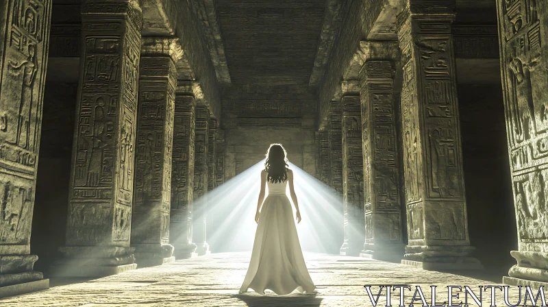 Woman in White Dress Standing in Ancient Carved Temple with Light Rays AI Image