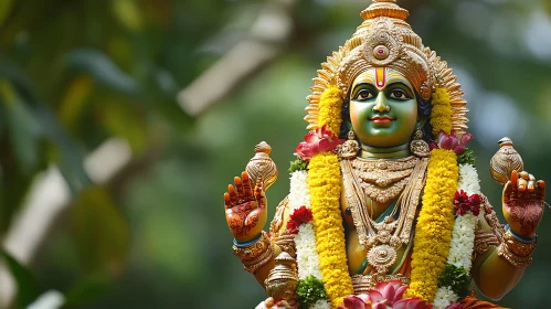 Colorful Hindu Deity Statue with Floral Garlands