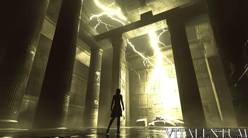 AI ART Shadowy Figure in Lightning-Lit Ancient Temple