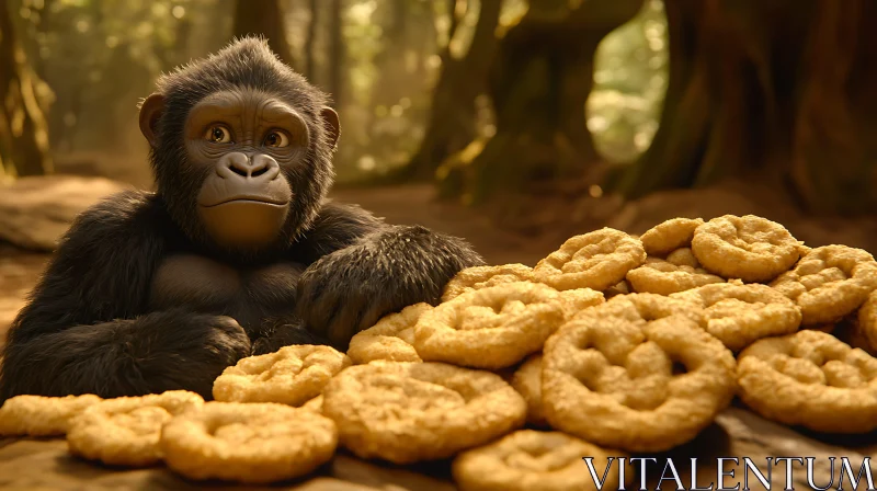 Monkey Observing Smile Cookies in Natural Habitat AI Image