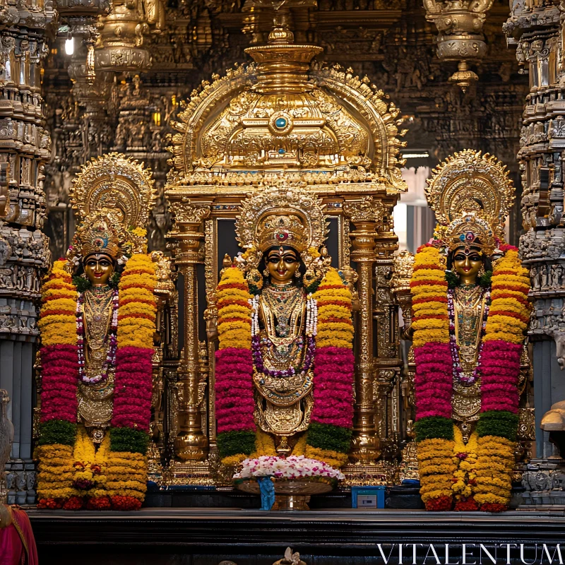 Majestic Golden Deities in Ornate Hindu Temple AI Image