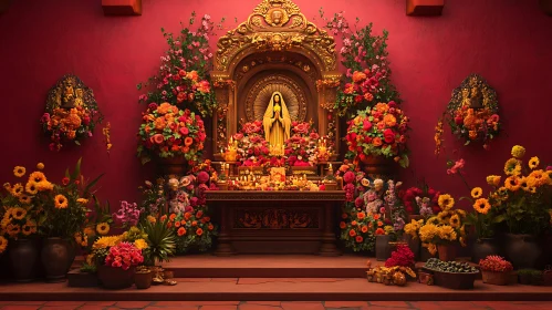 Luxurious Altar with Central Statue and Blossoming Flowers