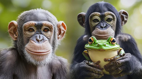 Chimpanzees and Frog in Forest