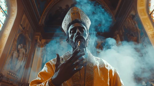 Bishop in Mystical Cathedral with Smoke