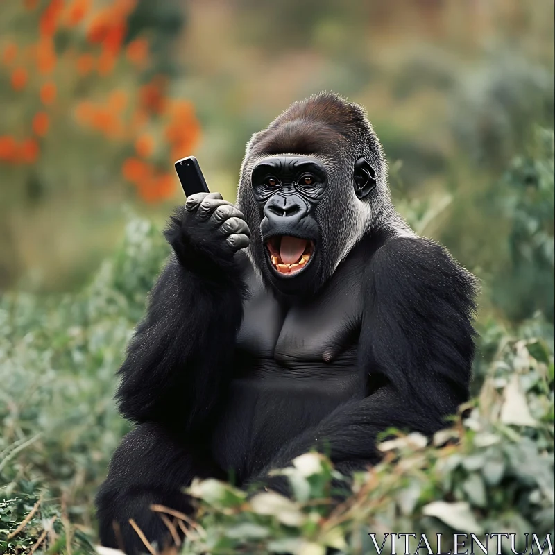 Gorilla with Phone in Lush Greenery AI Image