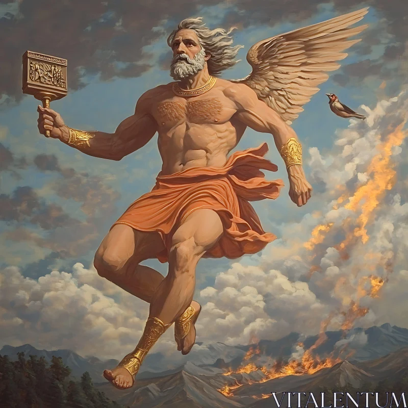 Mythological Winged Deity in Fiery Sky AI Image