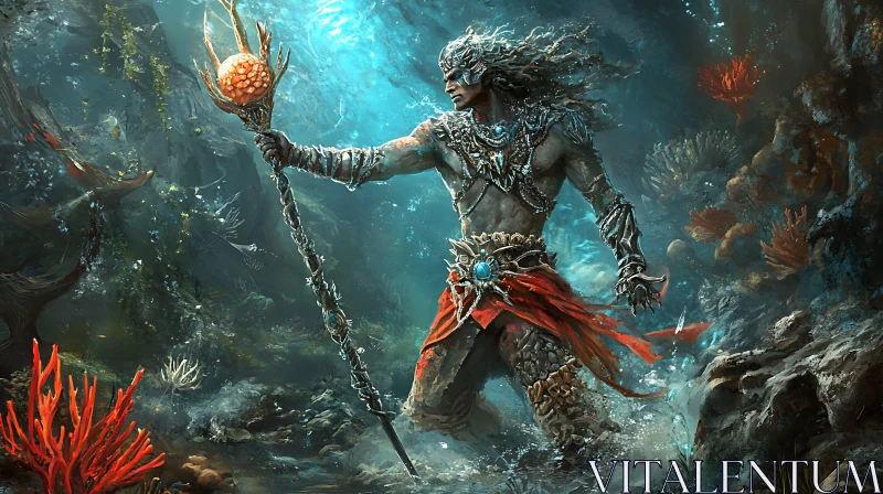 Epic Underwater Scene with Warrior and Magic AI Image