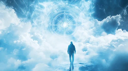 Lone Figure in Dreamlike Cloudscape with Glowing Compass