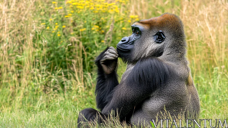 Gorilla Lost in Thought in Grass Field AI Image