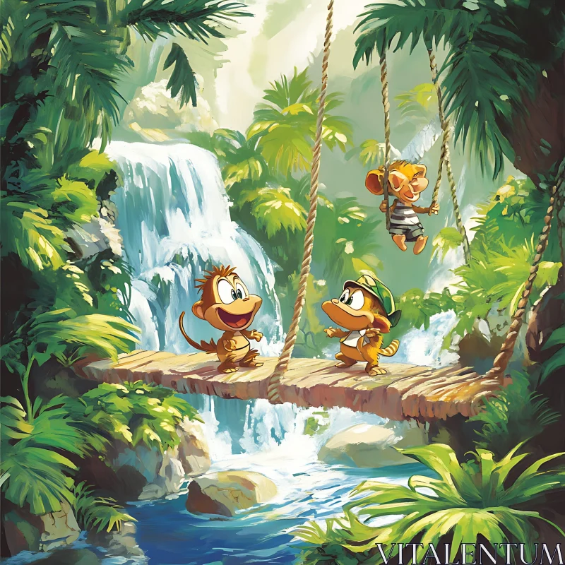 Cartoon Jungle Animals on a Rope Bridge with Waterfall AI Image