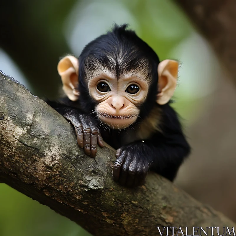 AI ART Cute Baby Monkey Hanging on Tree Branch