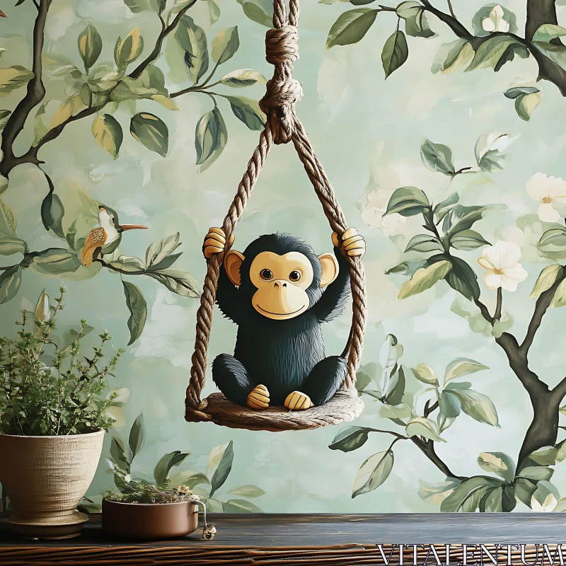 Whimsical Jungle Scene with Swinging Monkey AI Image