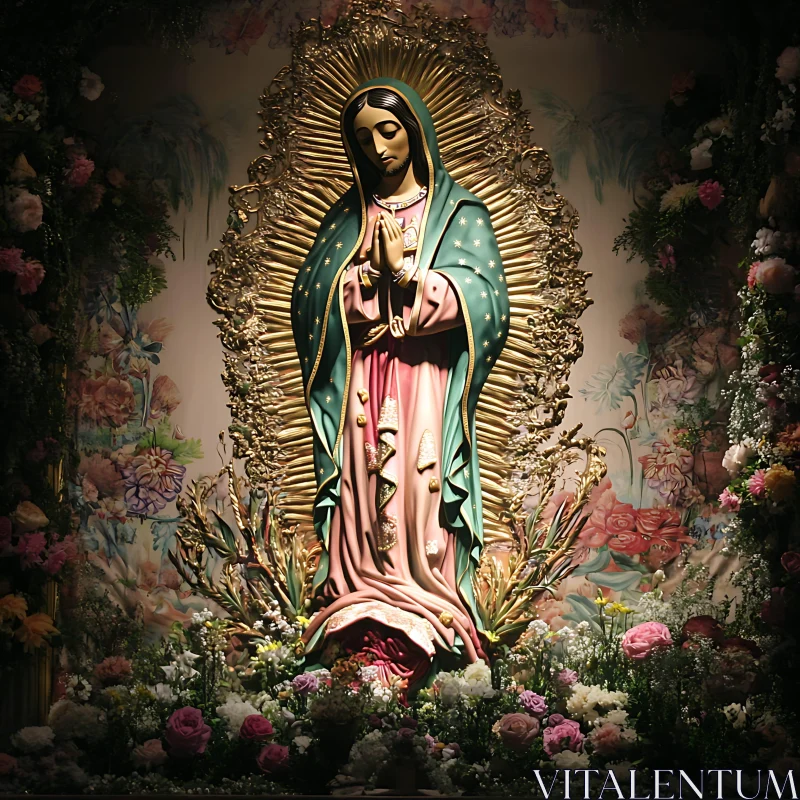 Divine Religious Statue with Floral Accents and Gold Halo AI Image