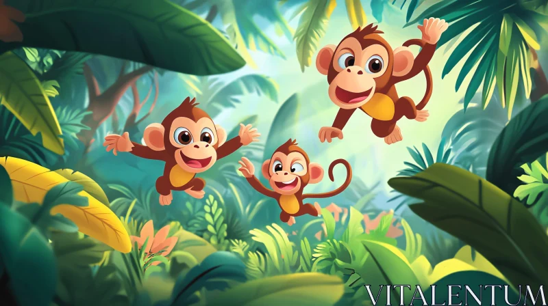 Joyful Monkeys Swinging in Vibrant Jungle Setting AI Image