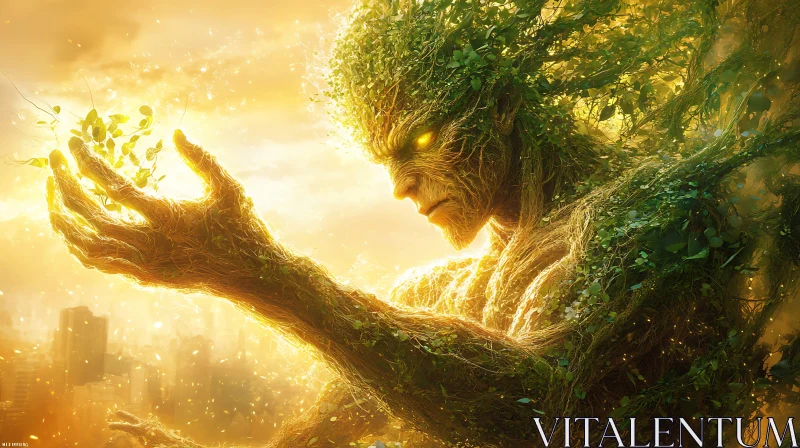 Nature and Urban Fusion: Tree Spirit in Golden Light AI Image