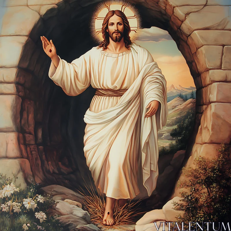 Risen Jesus in White Robe with Radiant Halo AI Image