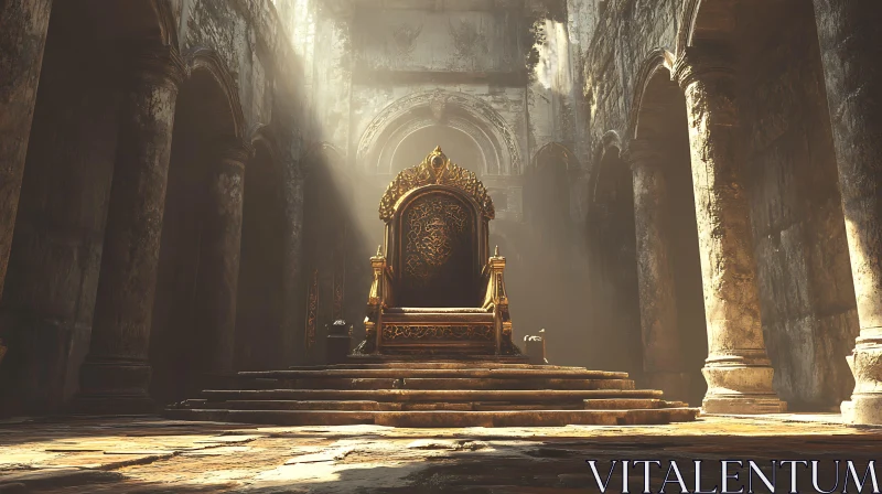 Ornate Throne in Ancient Ruins Bathed in Sunlight AI Image