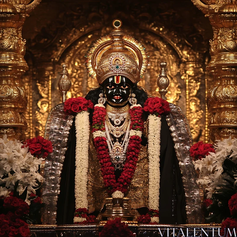 Deity Idol with Golden Backdrop and Floral Garland Deity Idol with Golden Backdrop and Floral Garland