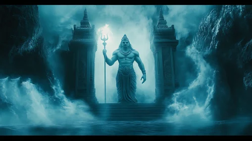 Ancient Deity Holding Trident in Mystical Setting