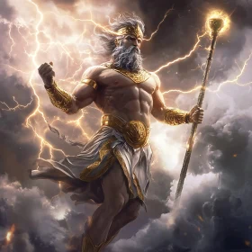 Mythical God Wielding Lightning in a Stormy Sky