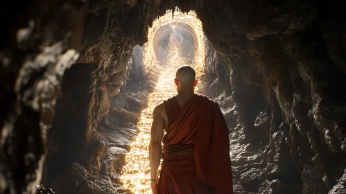 Monk's Journey through Illuminated Cave Pathway