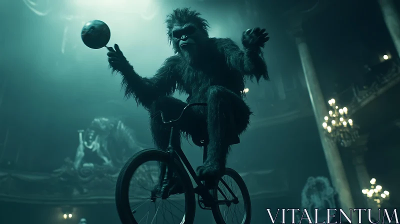 Gorilla on Bicycle in Ornate Indoor Setting AI Image