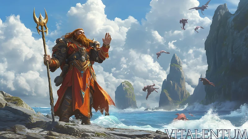 Warrior on Rocky Shore with Flying Dragons AI Image