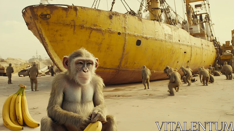 Monkeys, Bananas, and a Yellow Ship on a Beach AI Image