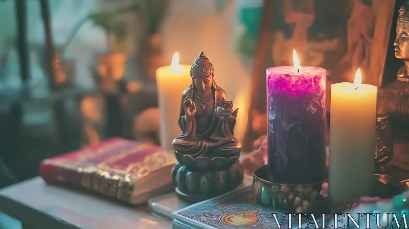 AI ART Meditative Buddha with Candlelight and Book Ambiance