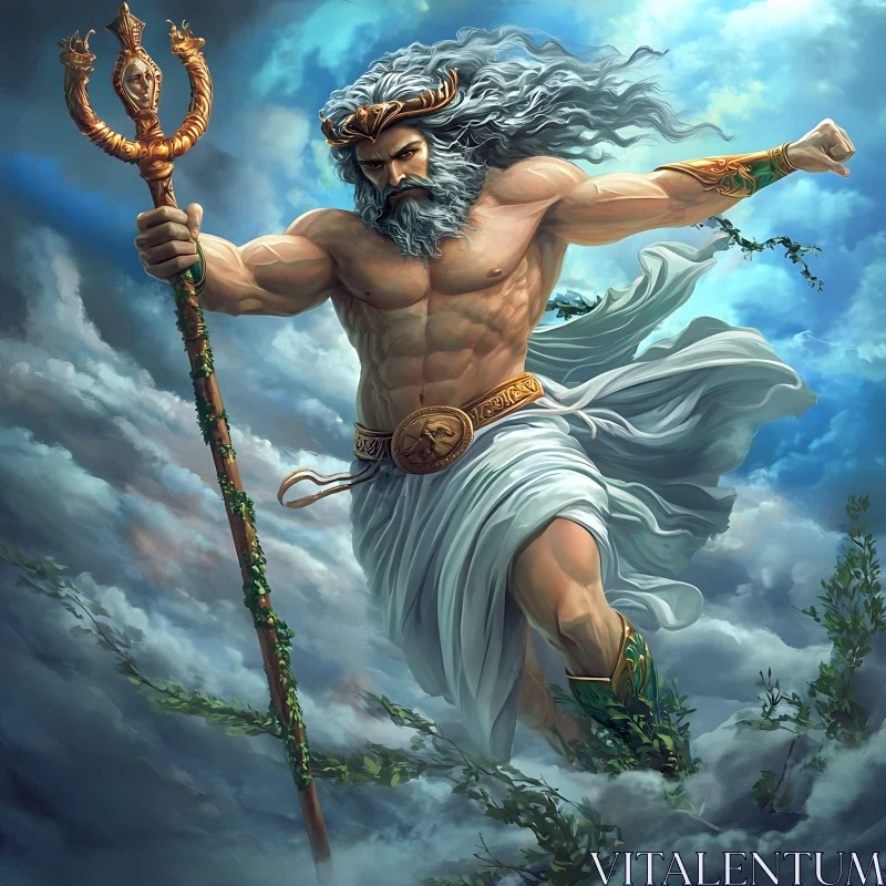 Mythical Deity Wielding Trident in Celestial Scene AI Image