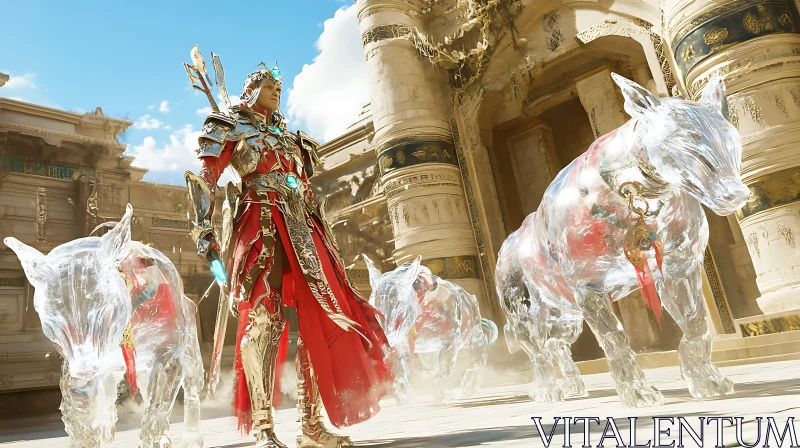 Warrior and Crystal Creatures at Ornate Temple AI Image