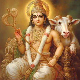 Majestic Deity and Sacred Cow in Traditional Art