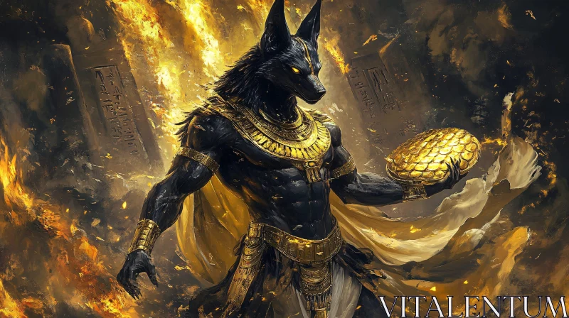 Ancient Egyptian God Anubis in Fiery Surroundings AI Image