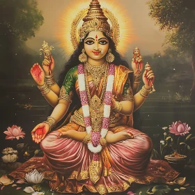 Ornate Hindu Goddess with Multiple Arms and Lotus Flowers