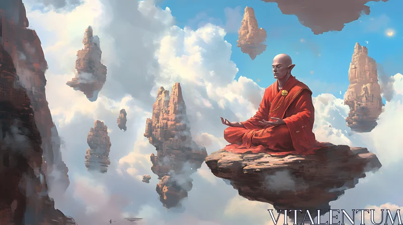 Serene Monk on Floating Rock in Surreal Cloudscape AI Image