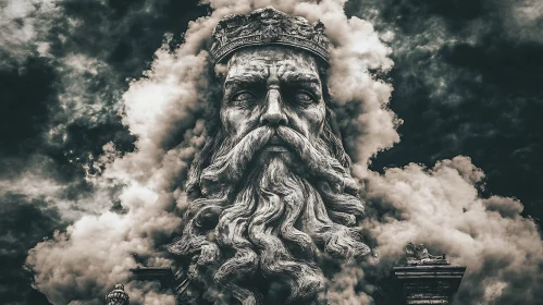 Ancient King Statue in Mystical Clouds