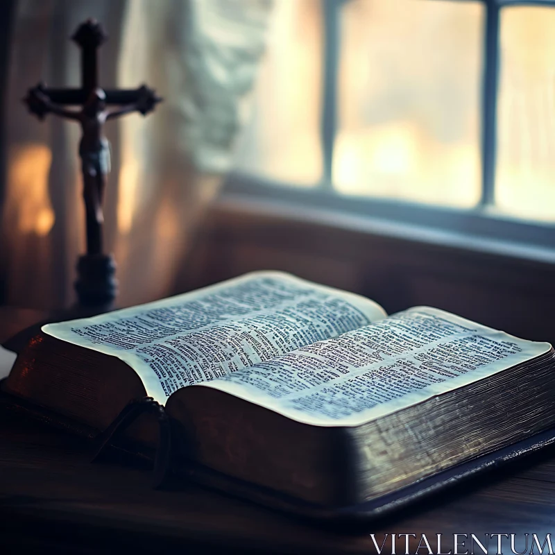 Bible with Cross and Soft Window Light AI Image