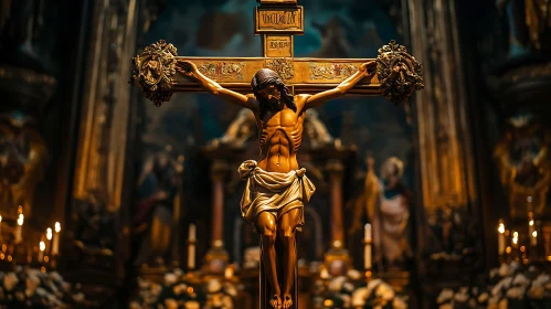 Intricately Carved Crucifix in Church Setting