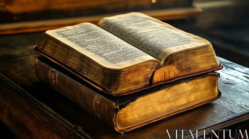 Old Books on Polished Wooden Table AI Image