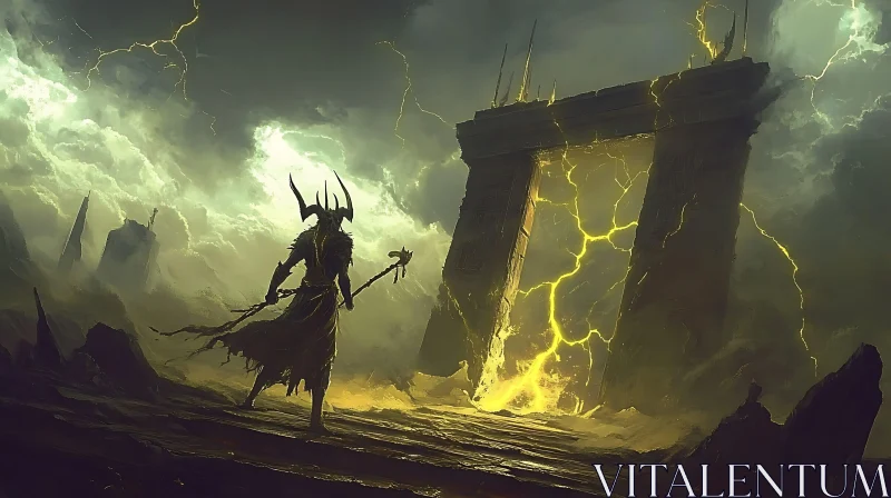 Mythical Hero Facing Glowing Portal in Stormy Landscape AI Image