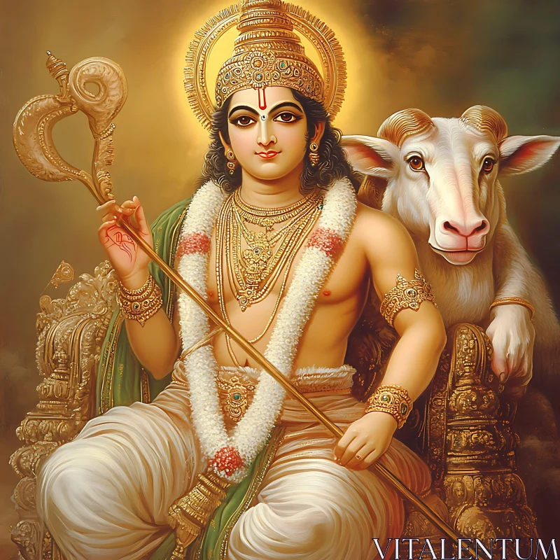 Majestic Deity and Sacred Cow in Traditional Art AI Image