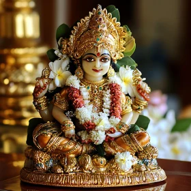 Elegant Deity Statue Decorated with Gold and Flowers