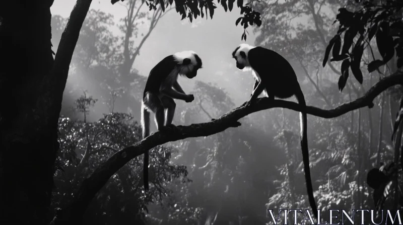 Silhouetted Monkeys Interacting on Tree Branch AI Image